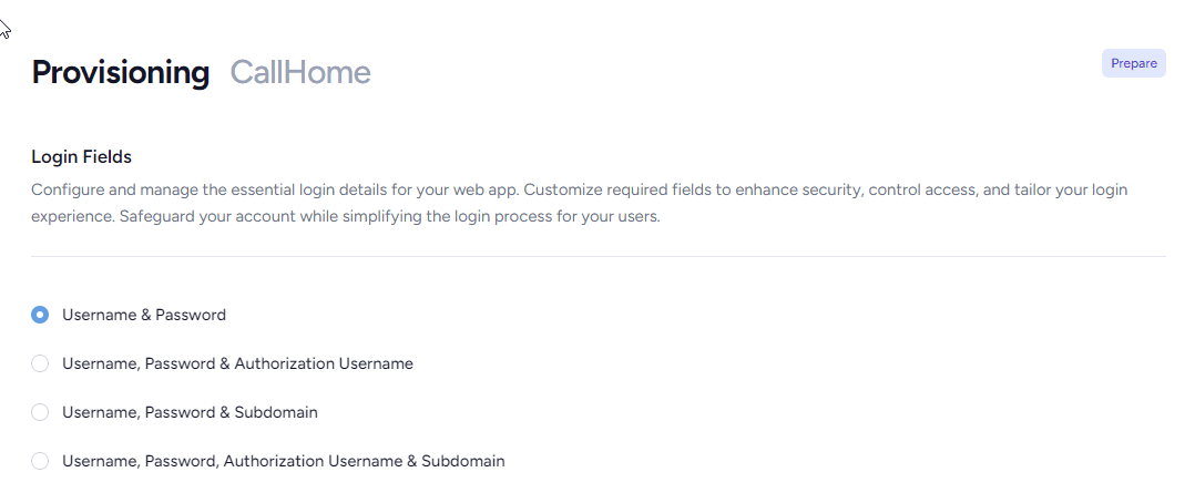 SessionCloud Login Fields configuration showing the four possible login form options