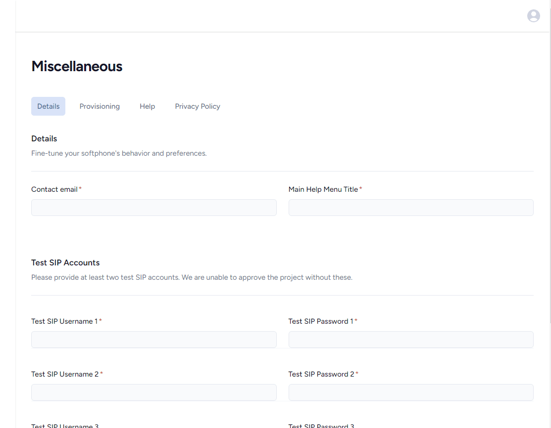 SessionCloud Miscellaneous settings page showing username, password placeholders, contact email, and help menu options