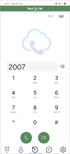 Green Back to Call button on the mobile softphone home screen returning to the active call