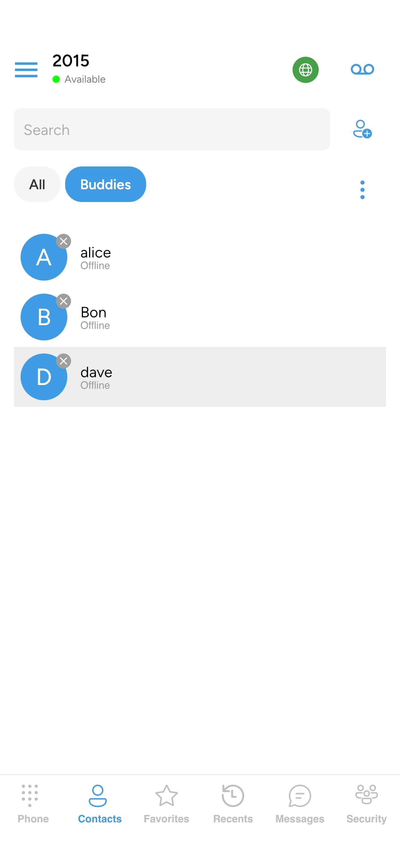The Buddies list with the buddy entry to open
