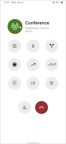 Mobile softphone showing all calls merged into a Conference party