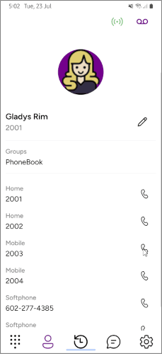 Mobile contact detail view listing all numbers with a call icon per entry