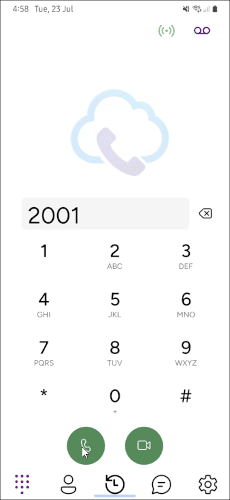 Mobile softphone dialer screen with active SIP account and green registration indicator