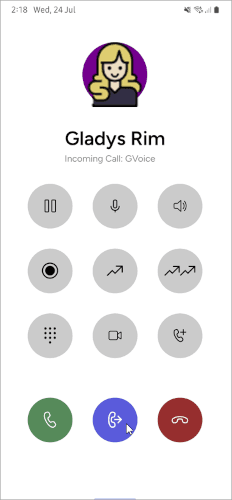 Mobile incoming call view with the blue call-forwarding button visible