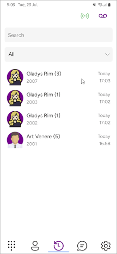 Mobile softphone Recents tab showing the call log
