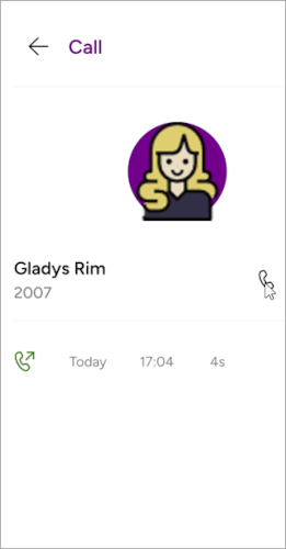 Mobile recents entry detail view with a call icon to place an audio call