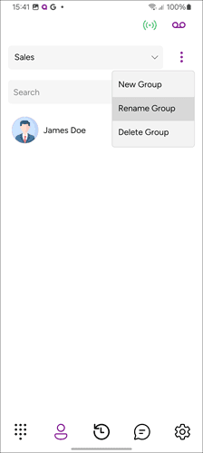 Mobile Groups menu icon opening the Rename Group option