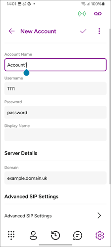 Mobile softphone SIP account details form showing account name, display name, domain, proxy, and auth username fields