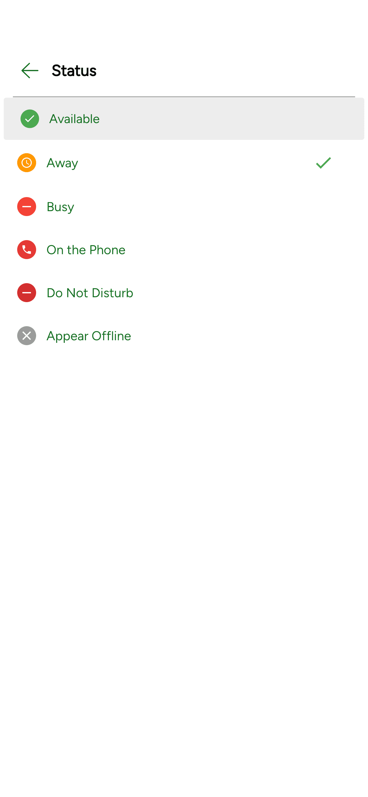 A presence option selected on the Presence screen