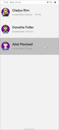 Mobile call selector listing all active calls (Abel, Gladys, Donette) to choose which to swap to