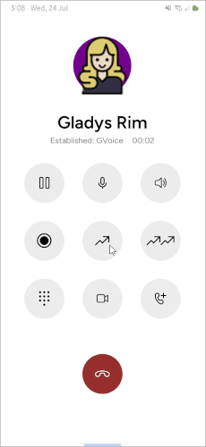 Mobile in-call view with the unattended (single-arrow) transfer button highlighted