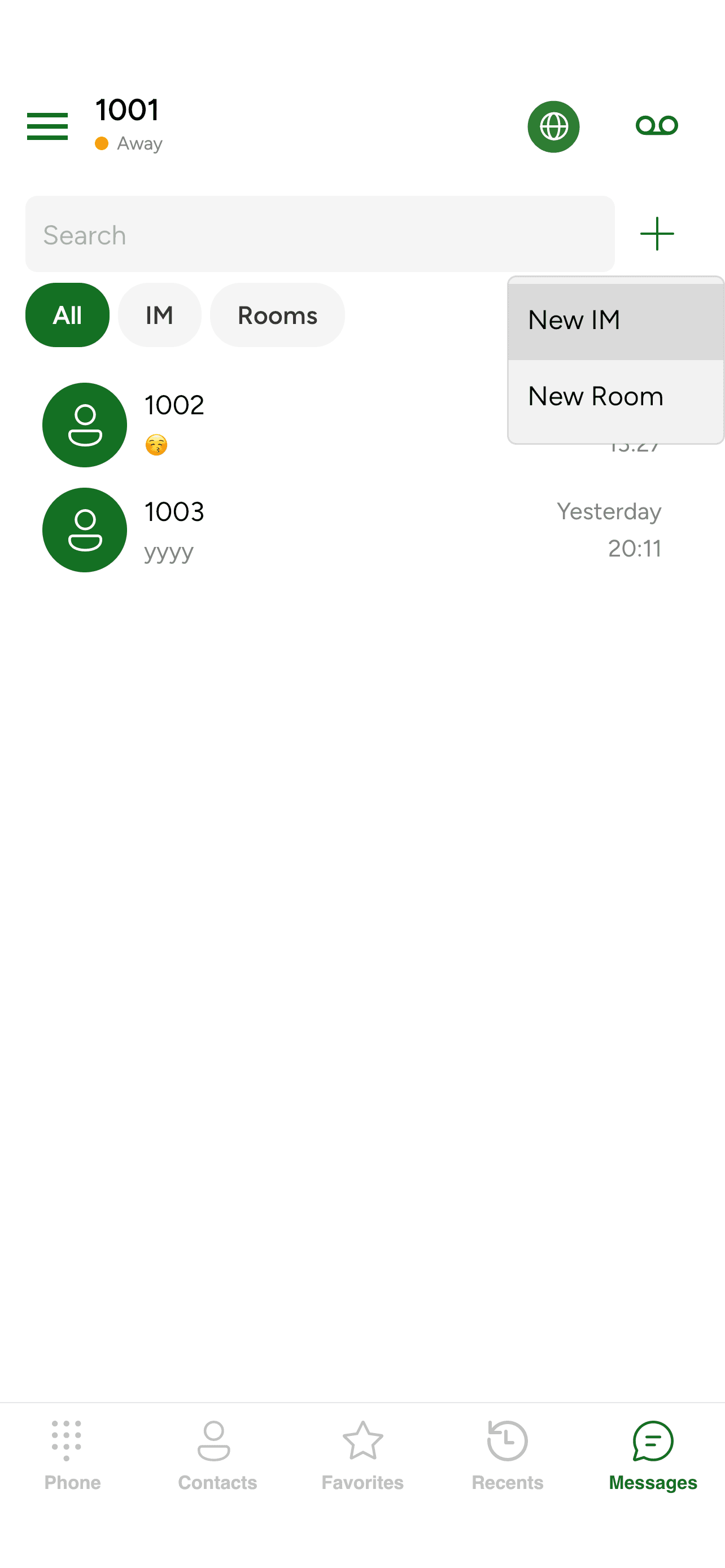 The New IM menu opened from the + button
