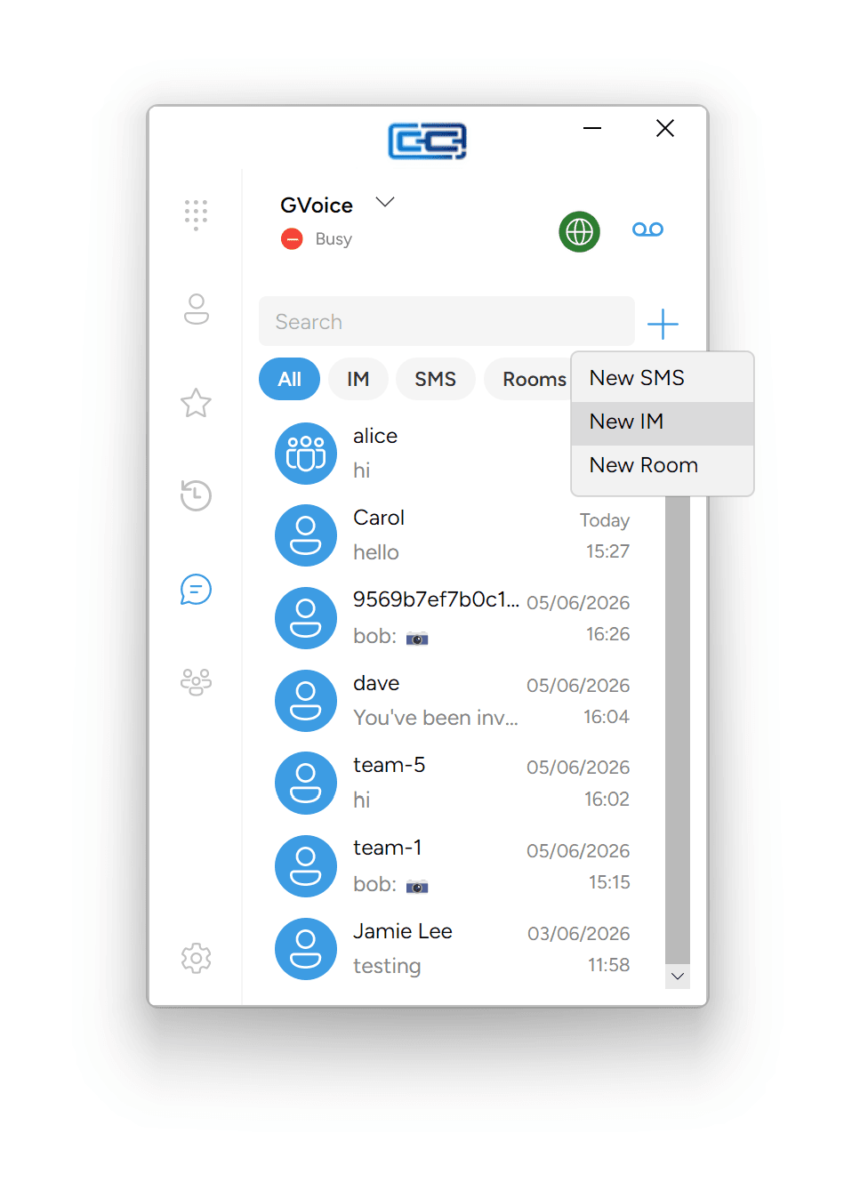 The + flyout on the messages list showing New SMS / New IM / New Room