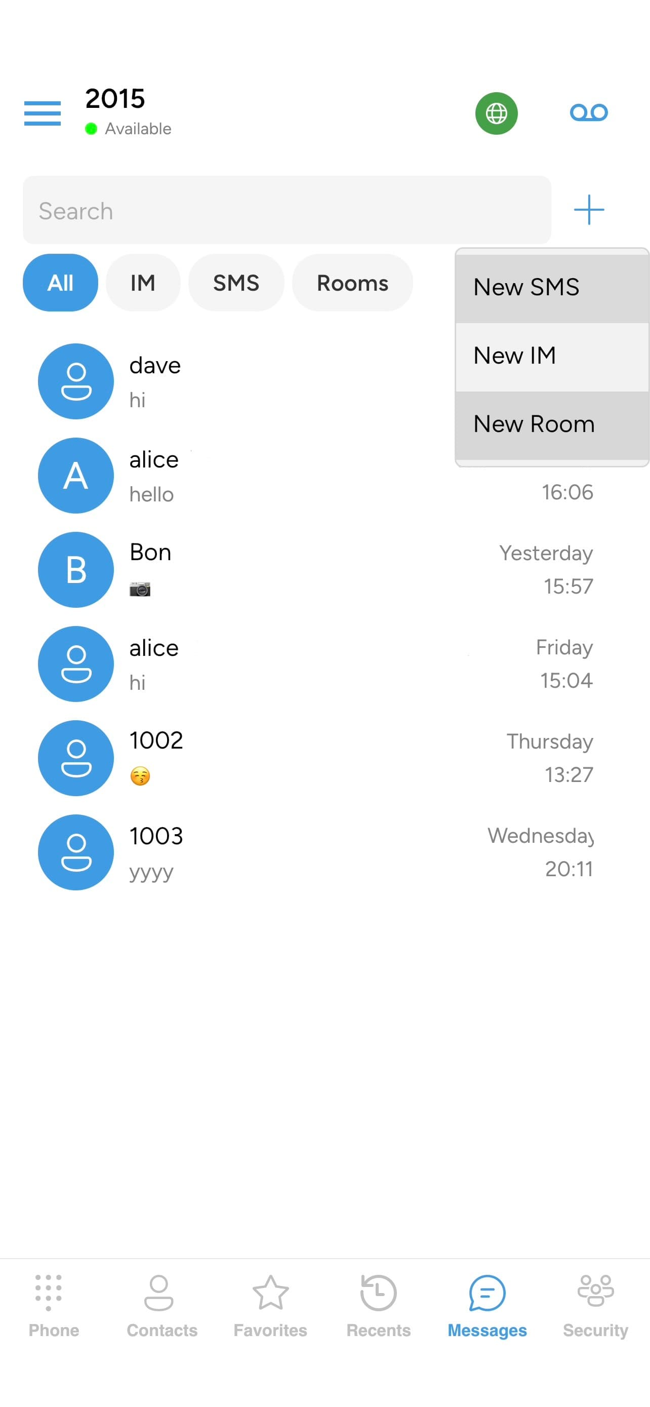 The New Room menu options
