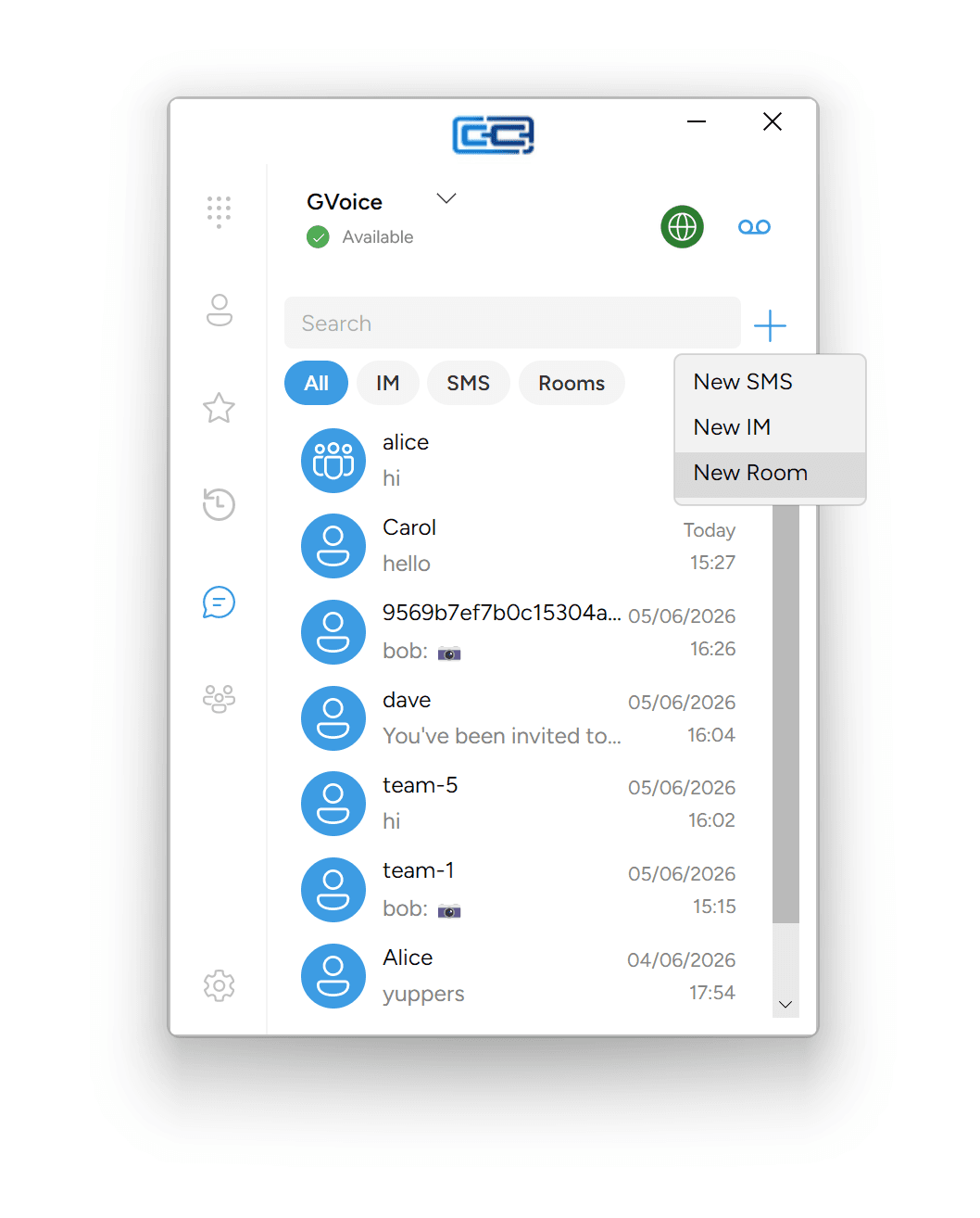 The + menu with New Room selected
