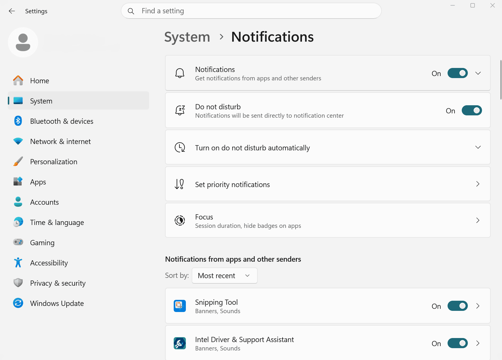Windows System → Notifications settings
