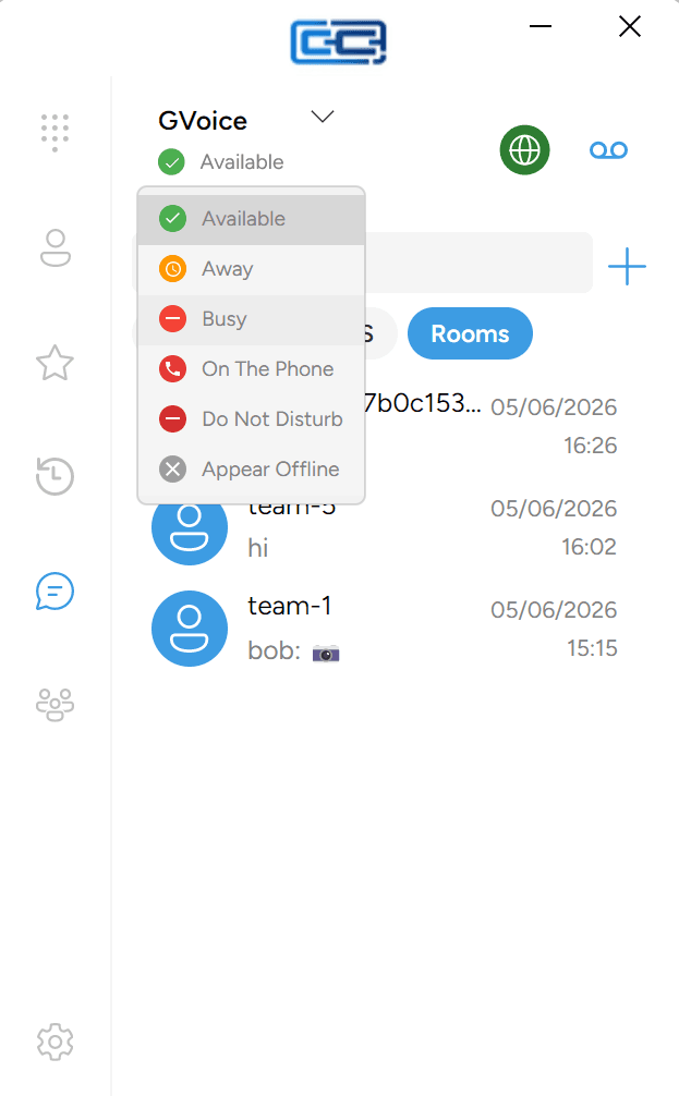 The presence menu open, showing all six options