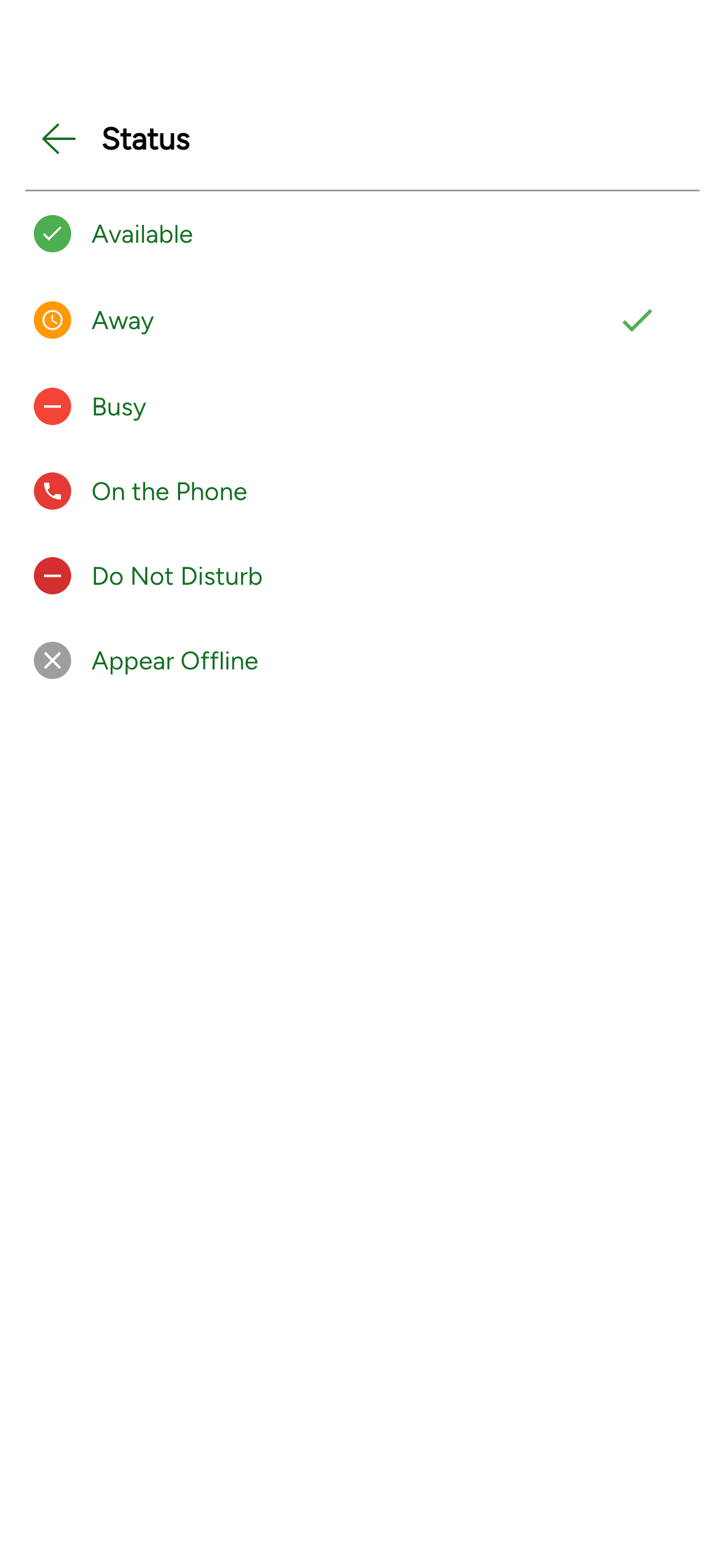 The Presence screen with all six options