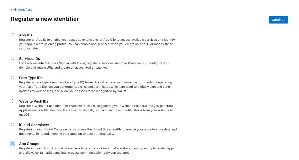 Apple Developer identifier type picker with the App Groups radio button selected