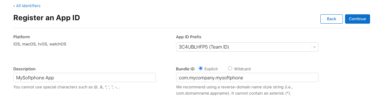 Apple Developer Register an App Id form with App Groups and Push Notifications capabilities enabled