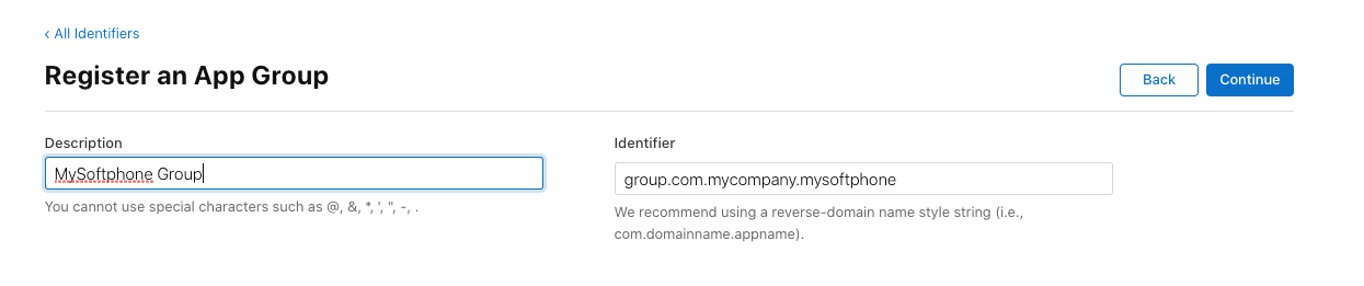 Apple Developer Register a New Identifier form for the App Group Bundle Id