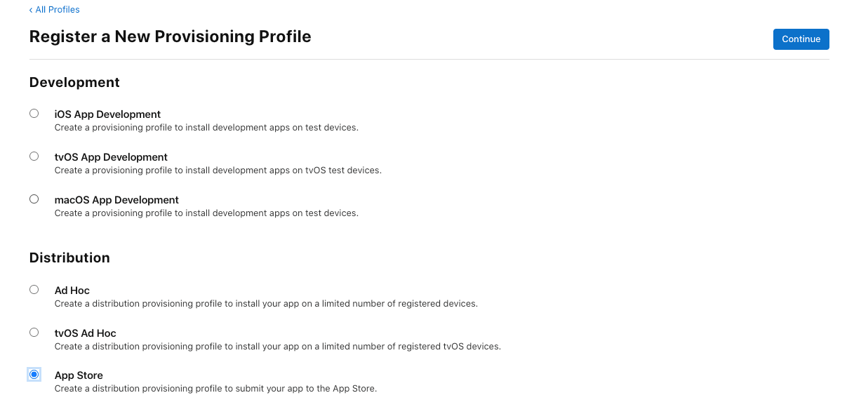 Apple Developer Create Provisioning Profile screen with App Store selected in the Distribution section