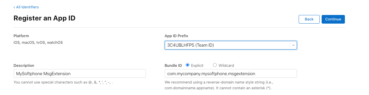 Apple Developer App Id registration form for the messaging extension (msgextension suffix)