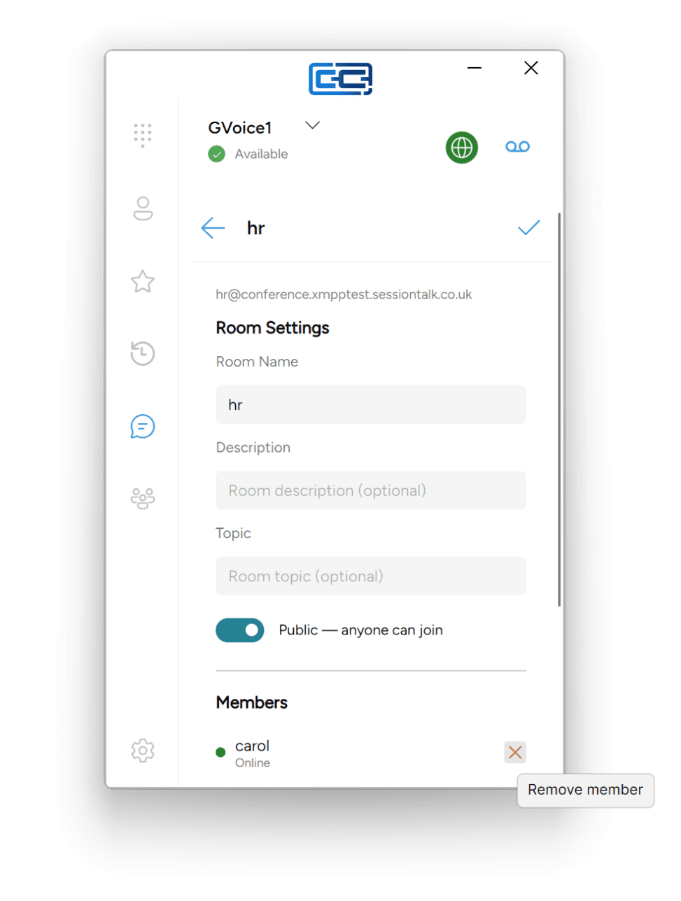 The red X icon next to a member's entry in the room details panel