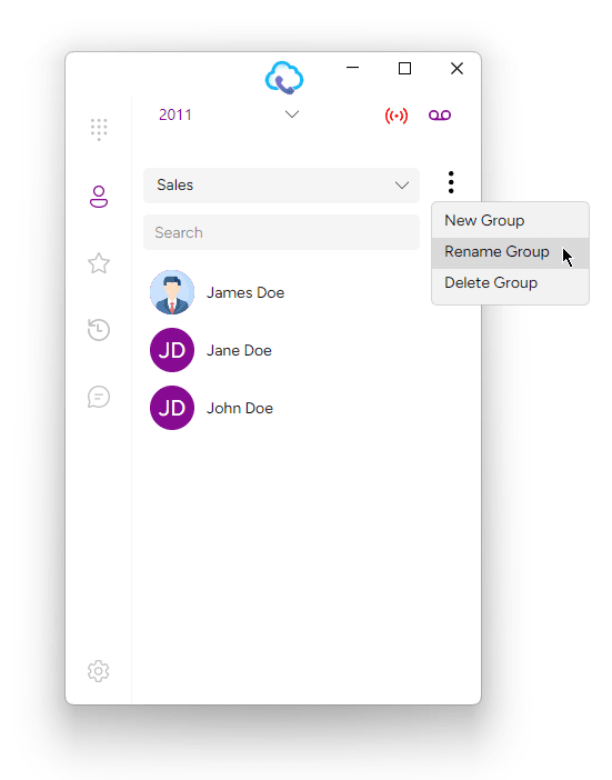 Desktop softphone Groups menu opening the Rename Group option