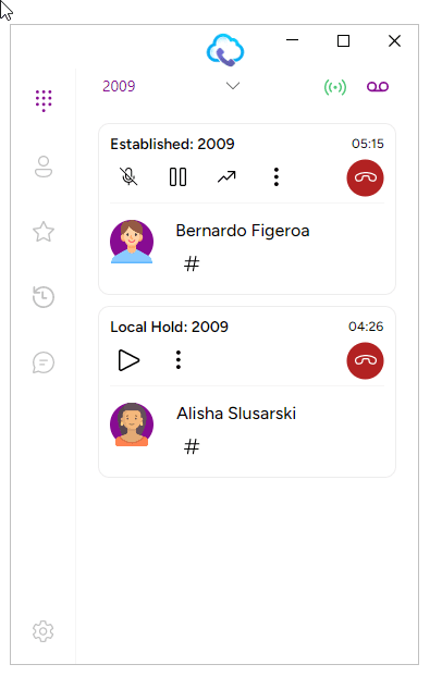 Desktop softphone list after resuming Bernado — Bernado active, Alisha on hold