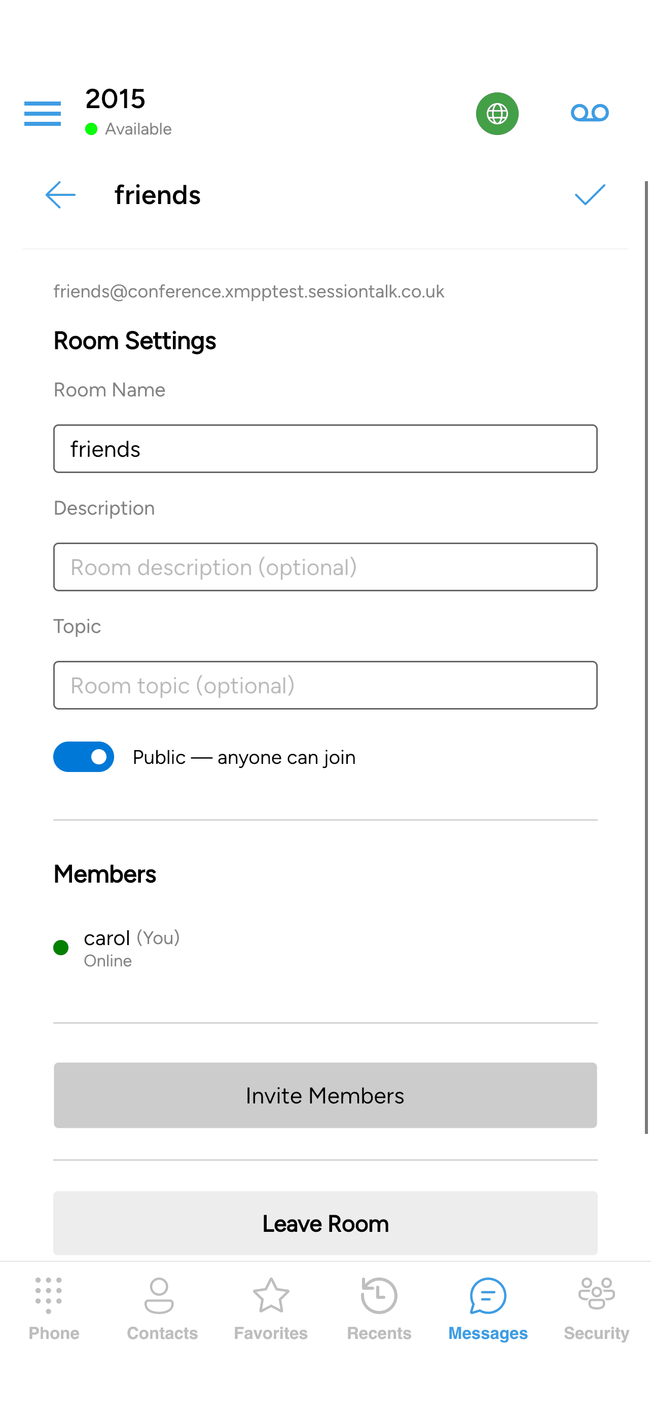 The room details screen scrolled to show Leave Room