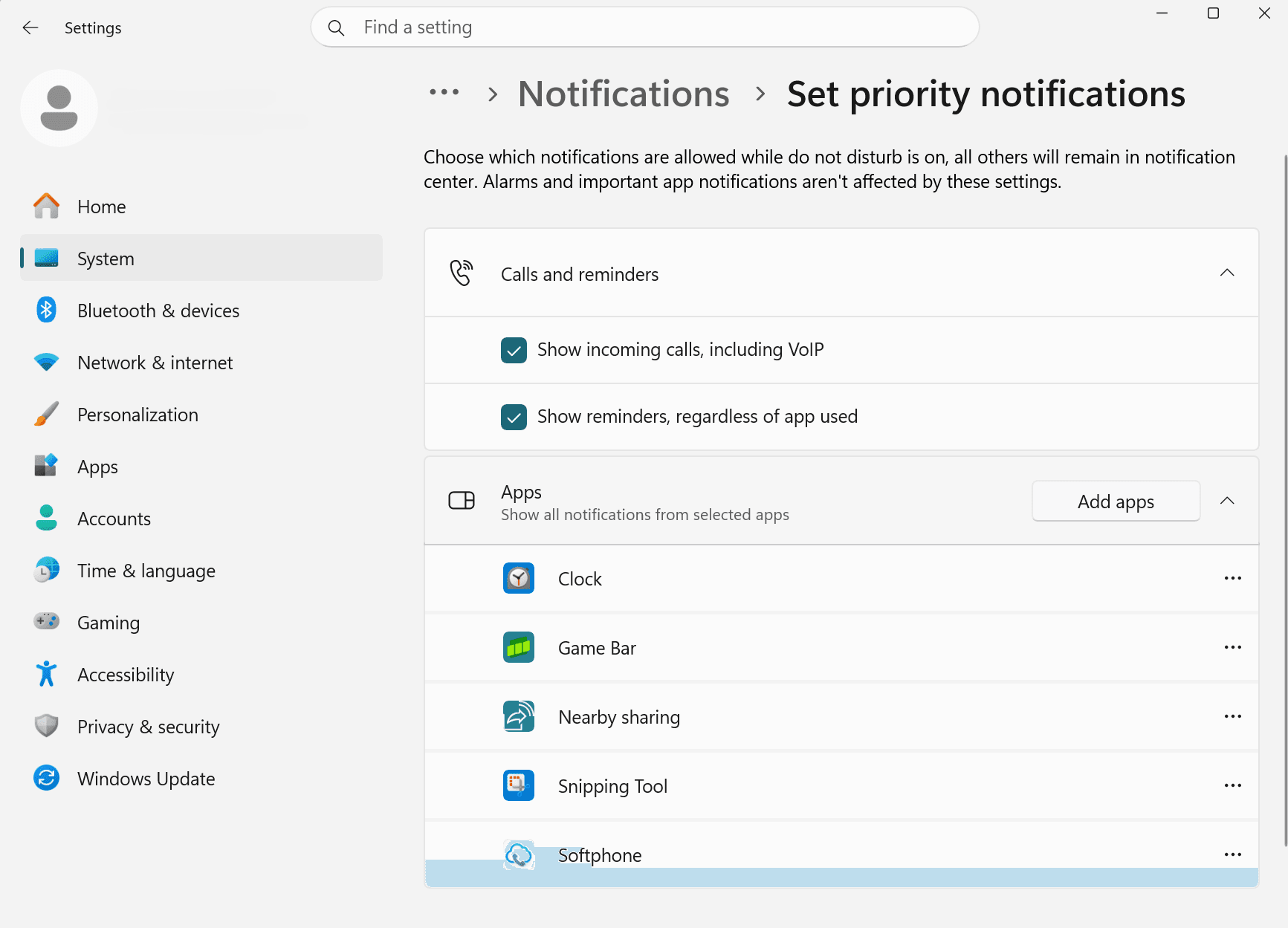 Set priority notifications page with Softphone added to the allowed list