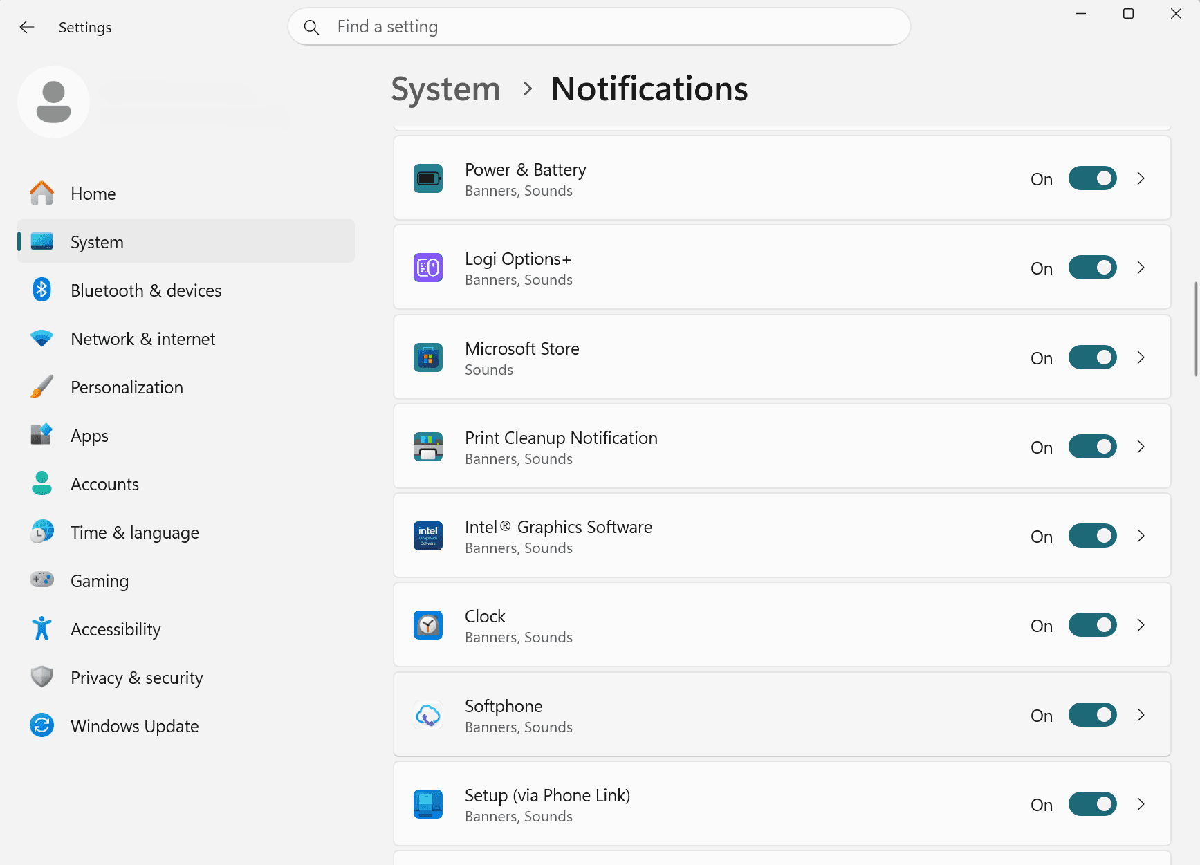 The Softphone entry in the Notifications from apps and other senders list