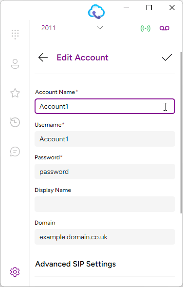 Desktop softphone SIP account details form showing account name, display name, domain, proxy, and auth username fields