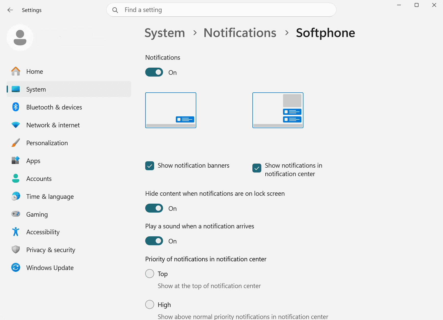 Softphone notification banner and sound settings expanded