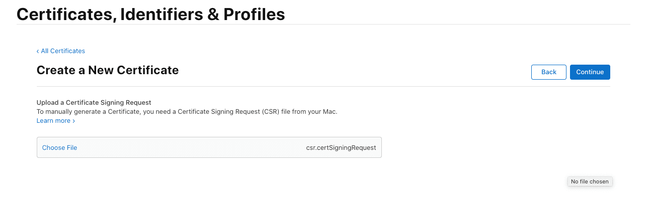 Apple Developer CSR upload confirmation screen creating the distribution certificate