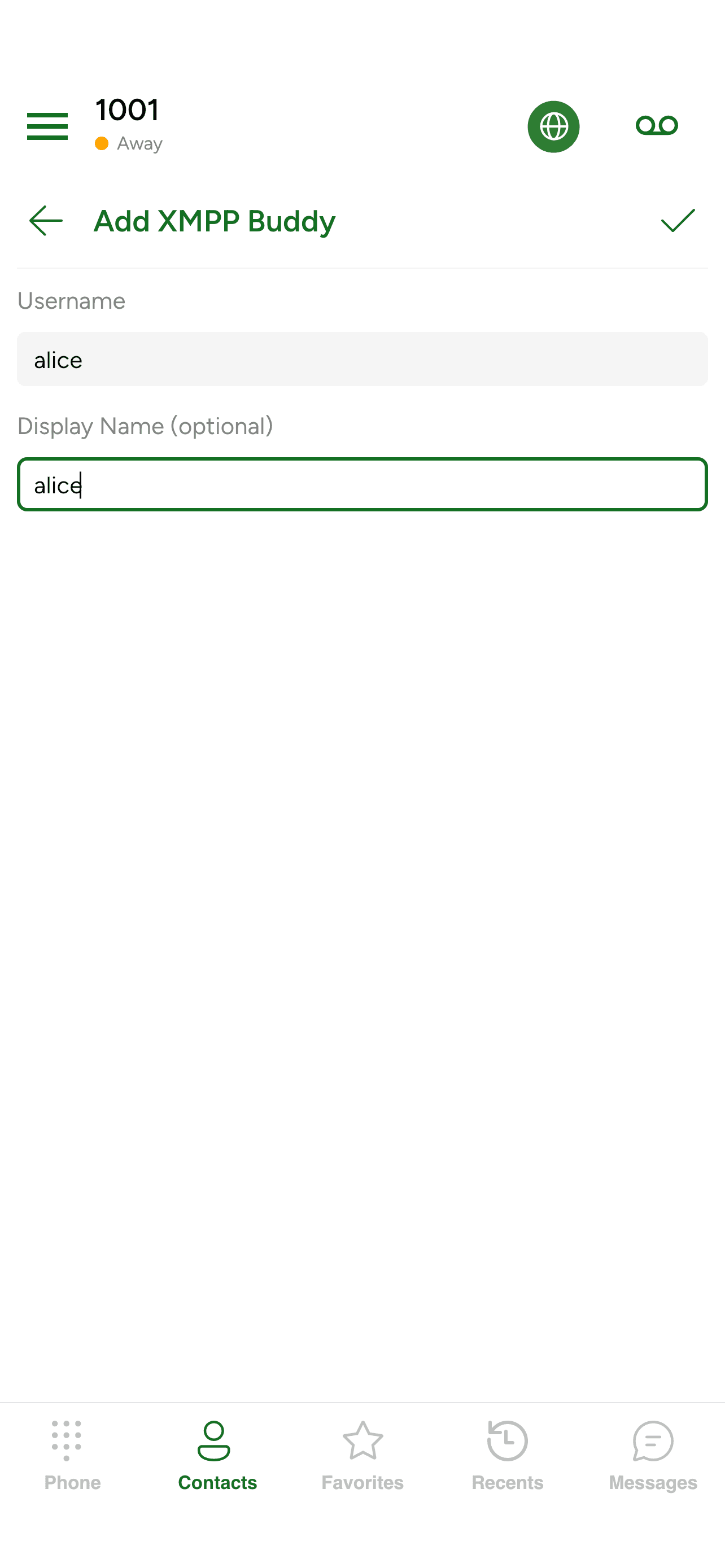 The XMPP buddy form with Username and Display Name fields